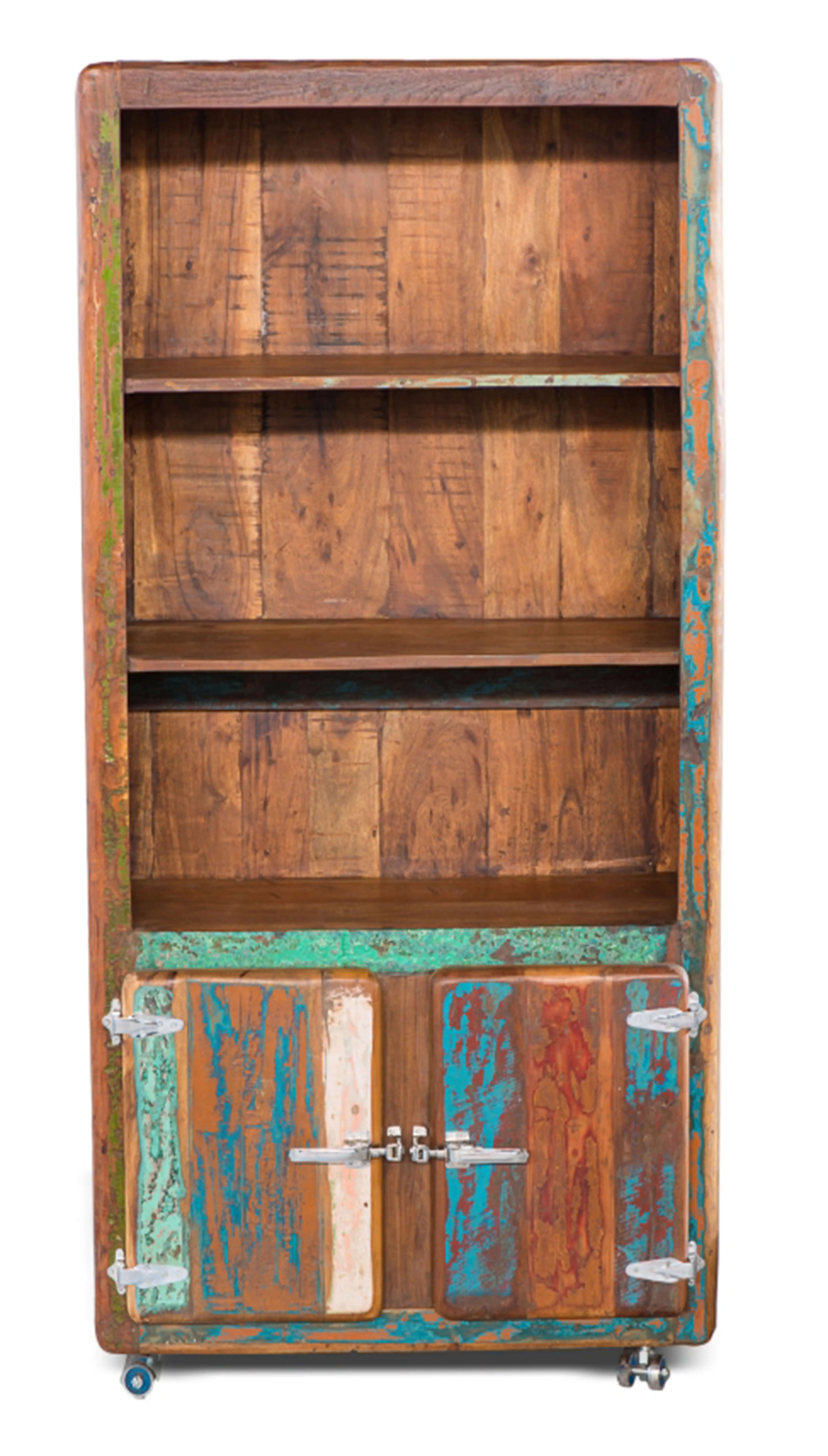 Reclaimed Ice Box Open Cabinet with 2 Doors & 3 Open Shelves on Rollers - popular handicrafts